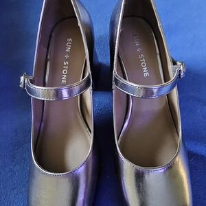 New Sun + Stone Shimmering Pewter Mary Jane Heels 8.5
